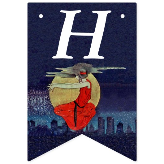 Birthday Witchy Woman Red Dress in Night Sky Moon Vlaggetjes (Eerste vlag)