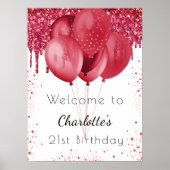 Birthday witte rode glitter welkomstballonnen poster (Voorkant)