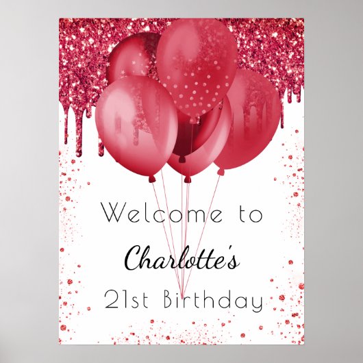 Birthday witte rode glitter welkomstballonnen poster (Voorkant)