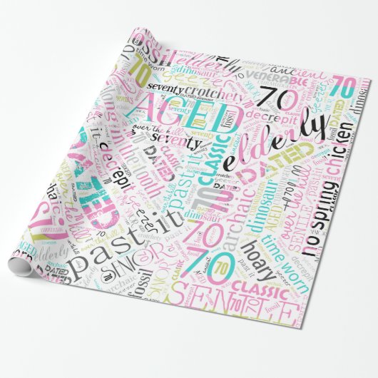 Birthday Word Cloud 70 roze ID266 Cadeaupapier (Uitgerold)
