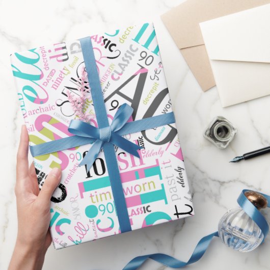 Birthday Word Cloud Ninety Pink ID266 Cadeaupapier (Geschenken)