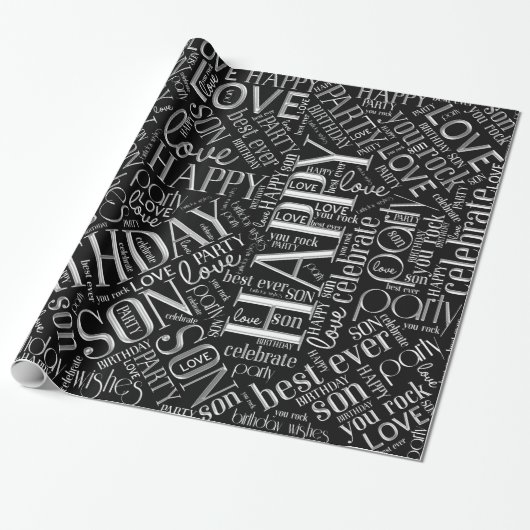 Birthday Word Cloud Son Silver ID272 Cadeaupapier (Uitgerold)