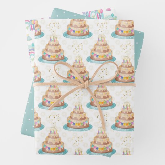 Birthday Wrapping Paper Cake and Rainbows Set van (In situ)