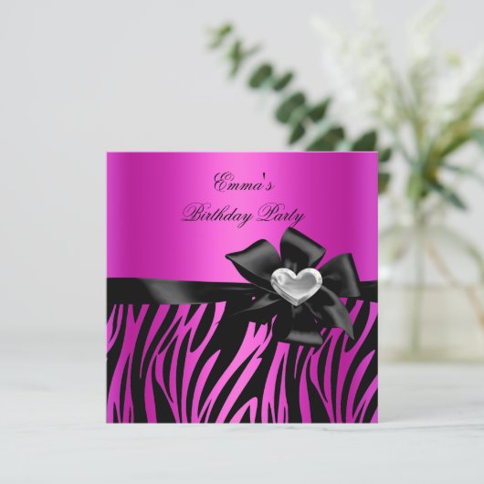 Birthday Zebra Silver Hot Pink Black Kaart (Staand voorkant)