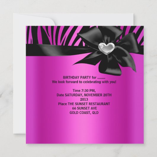 Birthday Zebra Silver Hot Pink Black Kaart (Achterkant)