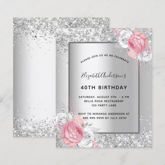 Birthday zilroze florale begrotingsuitnodiging (Voorkant / Achterkant)