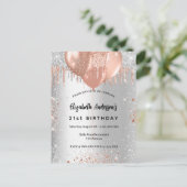 Birthday zilver roos goudballonnen uitnodiging briefkaart (Staand voorkant)