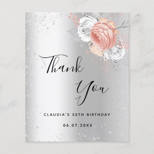 Birthday zilver roos goudbloem Dank je wel Flyer (Voorkant)