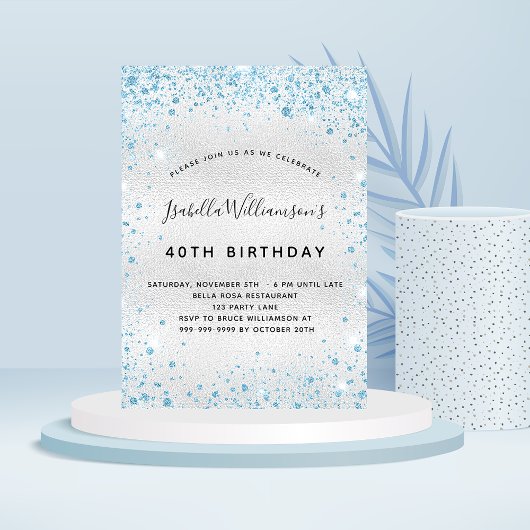 Birthday zilverblauw glitter glans kaart