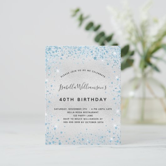 Birthday zilverblauw glitter sparren glamoureus uitnodiging briefkaart (Staand voorkant)