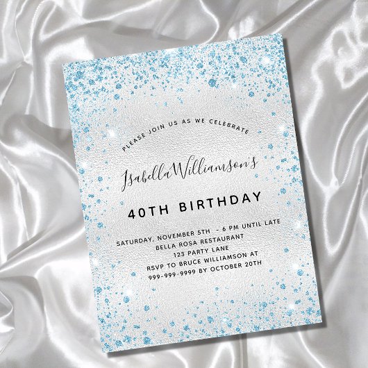 Birthday zilverblauw glitter sparren glamoureus uitnodiging briefkaart