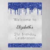 Birthday zilverblu glitter druppelt monogram welko poster (Voorkant)
