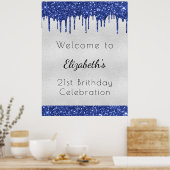 Birthday zilverblu glitter druppelt monogram welko poster (Keuken)