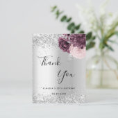 Birthday zilveren bruine roze bloemen bedankkaart (Staand voorkant)