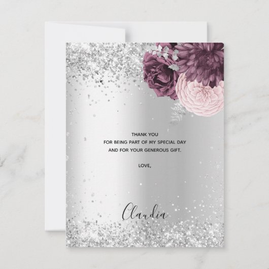 Birthday zilveren bruine roze bloemen bedankkaart (Achterkant)