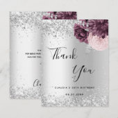 Birthday zilveren bruine roze bloemen bedankkaart (Voorkant / Achterkant)