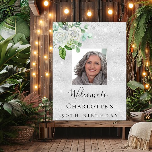 Birthday zilveren foto glitter florals welkom poster