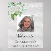 Birthday zilveren foto glitter florals welkom poster (Voorkant)
