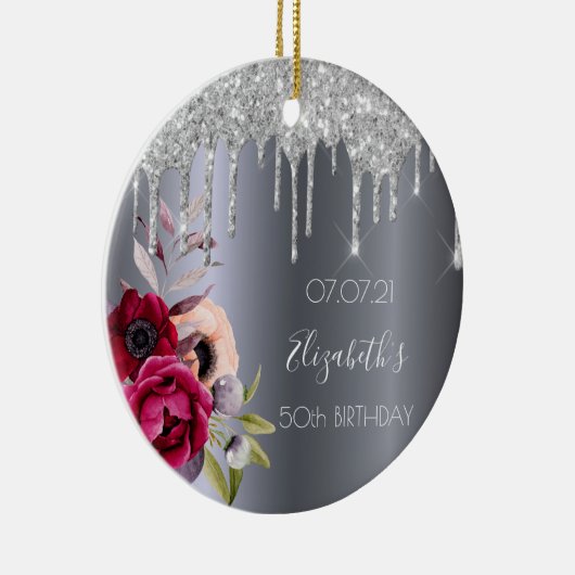 Birthday zilveren glitter druppelt bloem-bogundy keramisch ornament (Rechts)