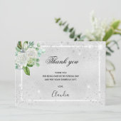 Birthday zilveren glitter floral foto bedankt (Staand voorkant)