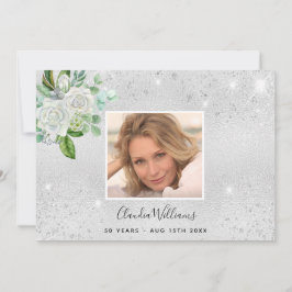 Birthday zilveren glitter floral foto bedankt