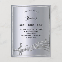Birthday zilveren muzieknoten uitnodiging briefkaart
