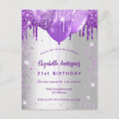 Birthday zilveren paarse glitterballonnen glamoure uitnodiging briefkaart (Voorkant)