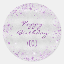 Birthday zilveren paarse glitterstofknuffels ronde sticker