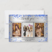 Birthday zilveren royal blue sparkles foto bedankkaart (Voorkant)