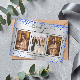 Birthday zilveren royal blue sparkles foto bedankkaart