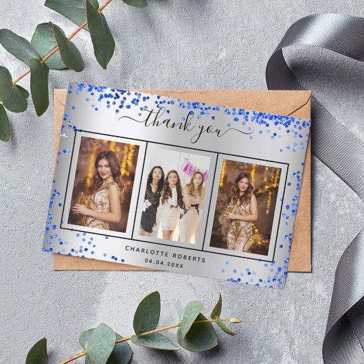 Birthday zilveren royal blue sparkles foto bedankkaart