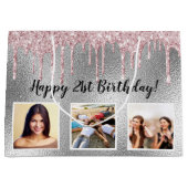 Birthday zilveren roze glitter druppelt op aangepa groot cadeauzakje (Voorkant)