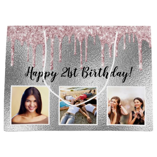 Birthday zilveren roze glitter druppelt op aangepa groot cadeauzakje (Voorkant)