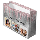 Birthday zilveren roze glitter druppelt op aangepa groot cadeauzakje (Voorkant Gekanteld)