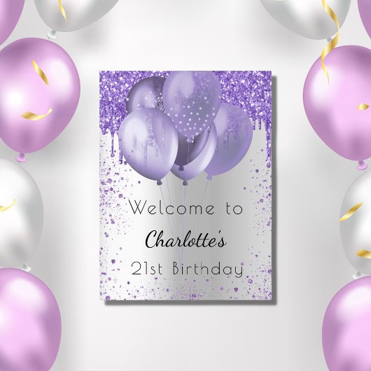 Birthday zilveren violet glitter welkomstballonnen poster