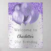 Birthday zilveren violet glitter welkomstballonnen poster (Voorkant)