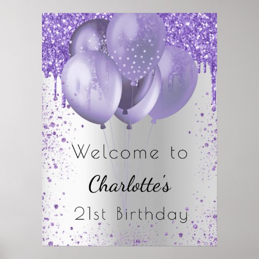 Birthday zilveren violet glitter welkomstballonnen poster (Voorkant)