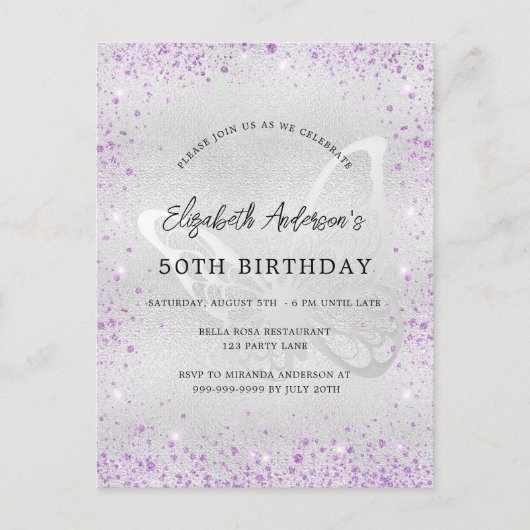 Birthday zilveren vioolvlinder uitnodiging briefkaart (Voorkant)