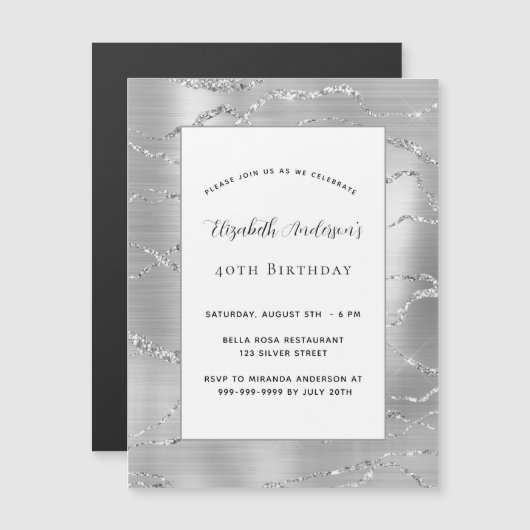Birthday zilveren witte elegante luxe magnetische uitnodiging (Voorkant / Achterkant)