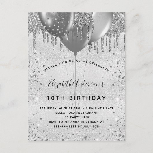 Birthday zilverglitter glamoureuze meisje uitnodiging briefkaart (Voorkant)