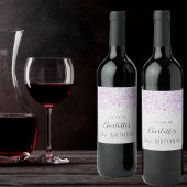 Birthday zilverglitter paars-metalen monogram wijn etiket