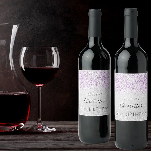 Birthday zilverglitter paars-metalen monogram wijn etiket