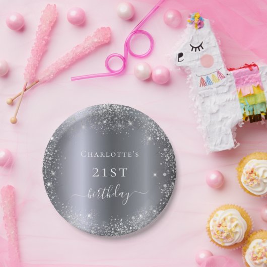 Birthday zilverglittermonogram elegant papieren bordje (Feest)