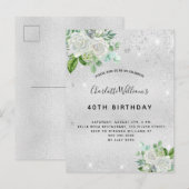 Birthday zilverglitterstof florale groen uitnodiging briefkaart (Voorkant / Achterkant)