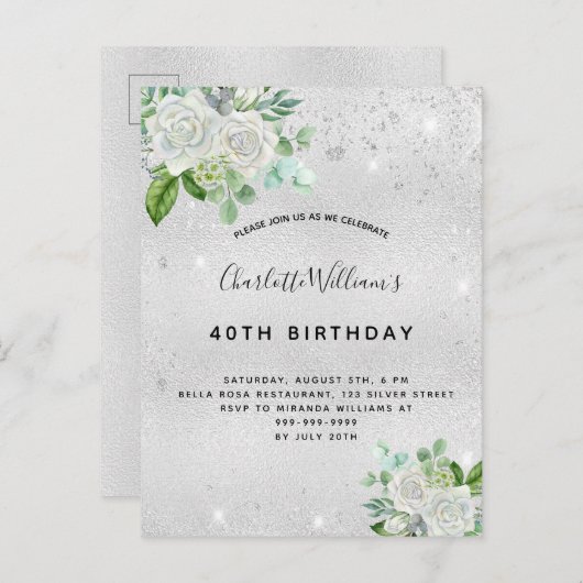 Birthday zilverglitterstof florale groen uitnodiging briefkaart (Voorkant / Achterkant)
