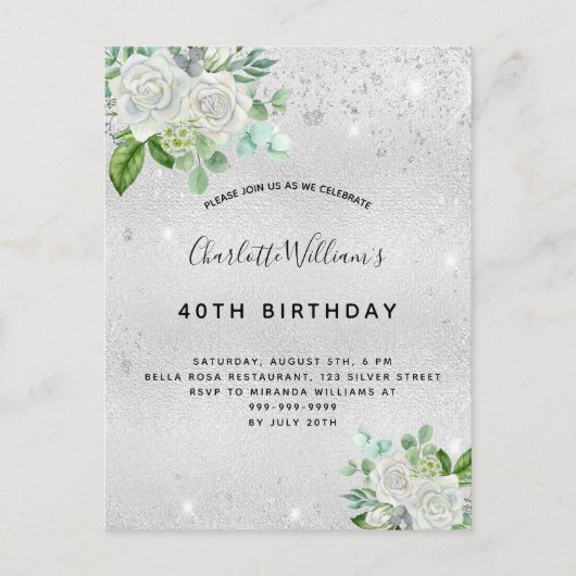 Birthday zilverglitterstof florale groen uitnodiging briefkaart (Voorkant)