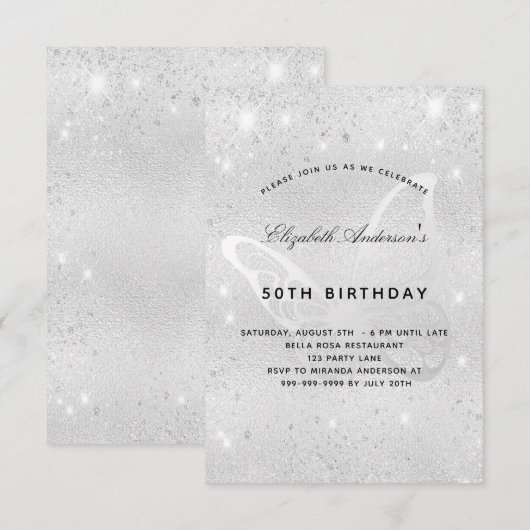 Birthday zilverglitterstof vlinderelegant kaart (Voorkant / Achterkant)