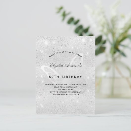 Birthday zilverglitterstof vlinderelegant uitnodiging briefkaart (Staand voorkant)