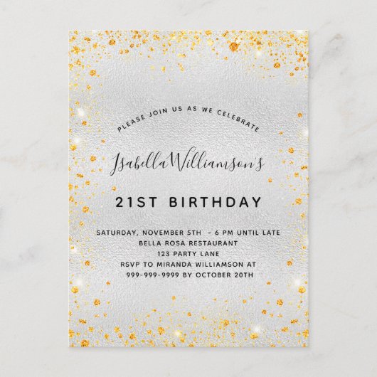 Birthday zilvergoudglitterstofspargel uitnodiging briefkaart (Voorkant)