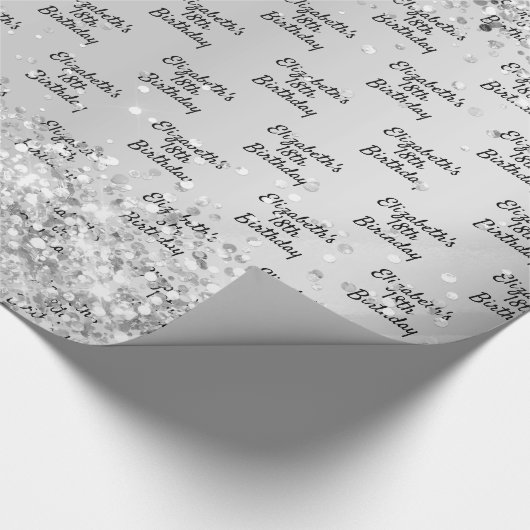 Birthday zilverkleurige confetti sparkle name eleg cadeaupapier (Hoek)